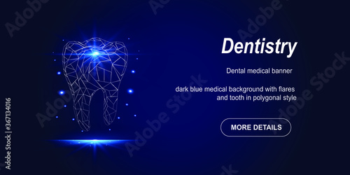 Tooth in polygonal style, on a dark blue background, genetic engineering project. Geometry, terrugolniki and points.