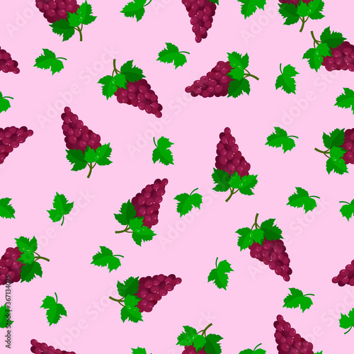Fruit seamless pattern.Summer vector pattern with red bunches of grapes and leaves on a pink background. For the design of fabrics, packaging and wallpapers.