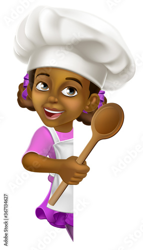 A young black little girl cartoon child character chef, cook or baker kid peeking around a background sign and pointing with a wooden spoon.