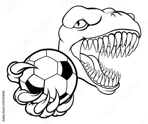 A dinosaur T Rex or raptor soccer football player cartoon animal sports mascot holding a ball in its claw
