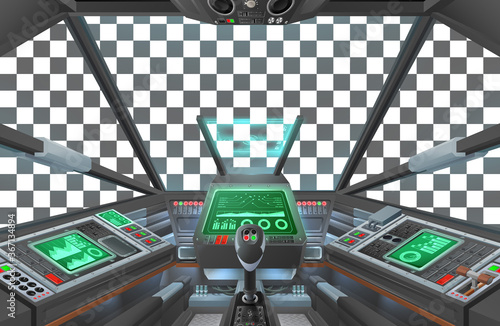 A spaceship or air plane craft cockpit with space ship controls. A possibly alien spacecraft cabin interior