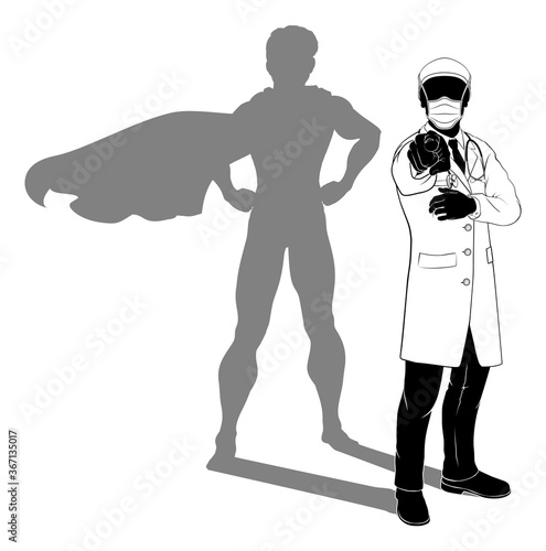A doctor in silhouette wearing PPE mask and pointing with his finger in a Needs You gesture. Revealed as a super hero by his shadow.
