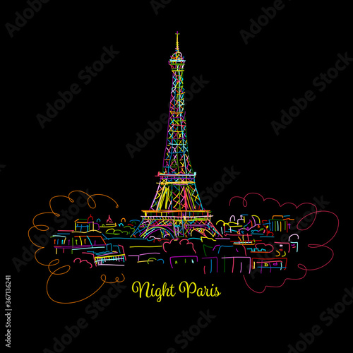 Night Paris,cityscape with Eifel Tower. Sketch for your design