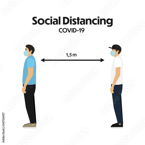 Masked men are standing in line keeping social distance. Concept of social distancing in flat design, isolated on white background. Vector illustration