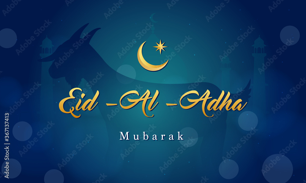 Eid Al Adha Mubarak background Vector illustration, Goat on dark blue bokeh background. - obrazy, fototapety, plakaty 