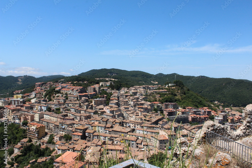 Landscape of the Medieval village of Tolfa , View from the  Madonna della Rocca Sanctuary church.Tolfa,Italy.