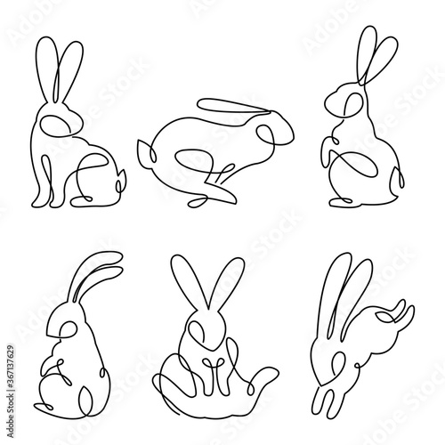 Continuous line drawing of easter rabbit set