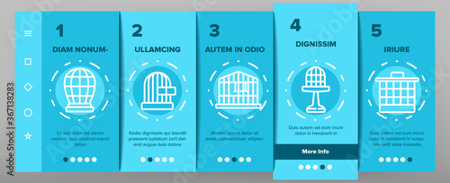 Cage Domestic Animal Onboarding Mobile App Page Screen Vector. Bird Or Parrot Cage And For Transportation Dog Puppy Or Cat Pet Equipment Illustrations