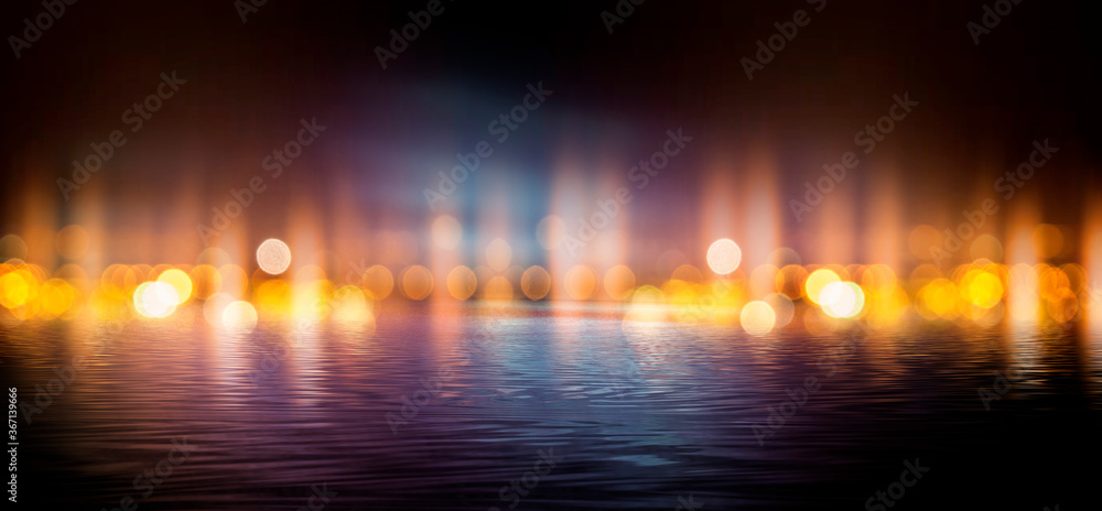 Dark abstract background with bokeh. Reflection in the water of bright blurry lights. Smoke, fog. Dark abstract background with bokeh. Reflection in the water of bright blurry lights. Smoke, fog.