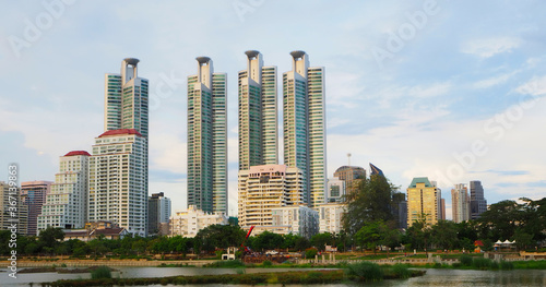 skyscrapers in Bangkok  Thailand   beautiful cityscape    shoot at Benjakitti public park  July 2020  