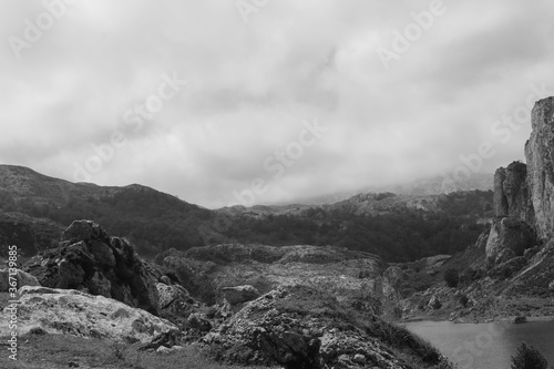 mountain landscape with clouds black and white (Peaks of Europe) / montañas con nubes y lago en blanco y negro (Picos de Europa) 