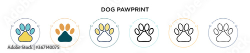Dog pawprint icon in filled, thin line, outline and stroke style. Vector illustration of two colored and black dog pawprint vector icons designs can be used for mobile, ui, web