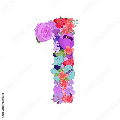 Colorful floral figure with roses 1. Beautiful number one © Aloksa
