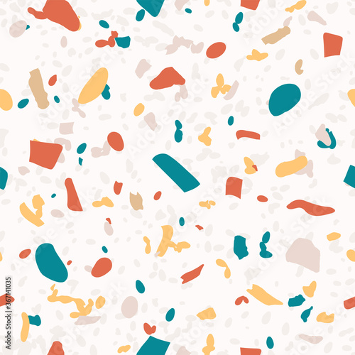Trendy vector colorful  venetian terrazzo imitation seamless pattern. Abstract marble texture stone background. Modern minimalist floor tile for interior surface.
