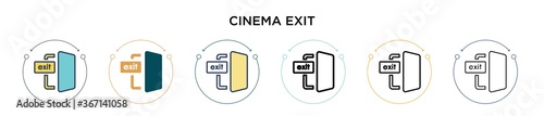 Cinema exit icon in filled, thin line, outline and stroke style. Vector illustration of two colored and black cinema exit vector icons designs can be used for mobile, ui, web