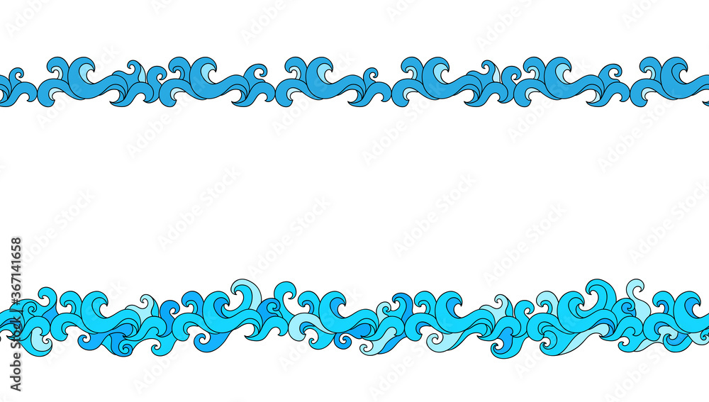 Decorative border from blue waves on white background. Seamless marine pattern. Suitable for postcard, poster, invitation. Decorative border from blue waves on white background. Seamless marine pattern. Suitable for postcard, poster, invitation.