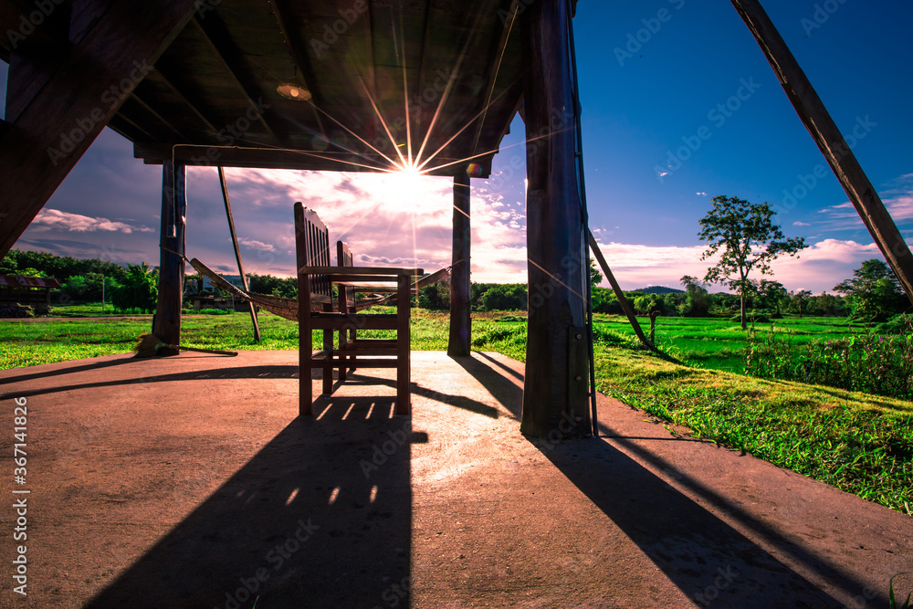The panoramic background of the green rice fields, with wooden bridges to walk in the scenery and the wind blows through the cool blurred while traveling. The panoramic background of the green rice fields, with wooden bridges to walk in the scenery and the wind blows through the cool blurred while traveling.
