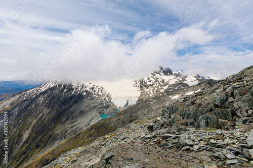 View of a glacier on Mt Brewster from the summit of Mt Armstrong on the Brewster Track in Mount Aspiring National Park, South Island, New Zealand.