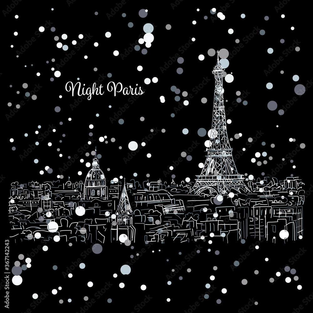 Night Paris,cityscape with Eifel Tower. Sketch for your design