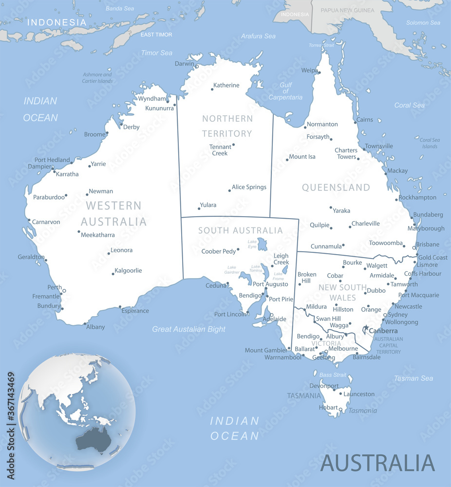 Blue-gray detailed map of Australia administrative divisions and location on the globe.