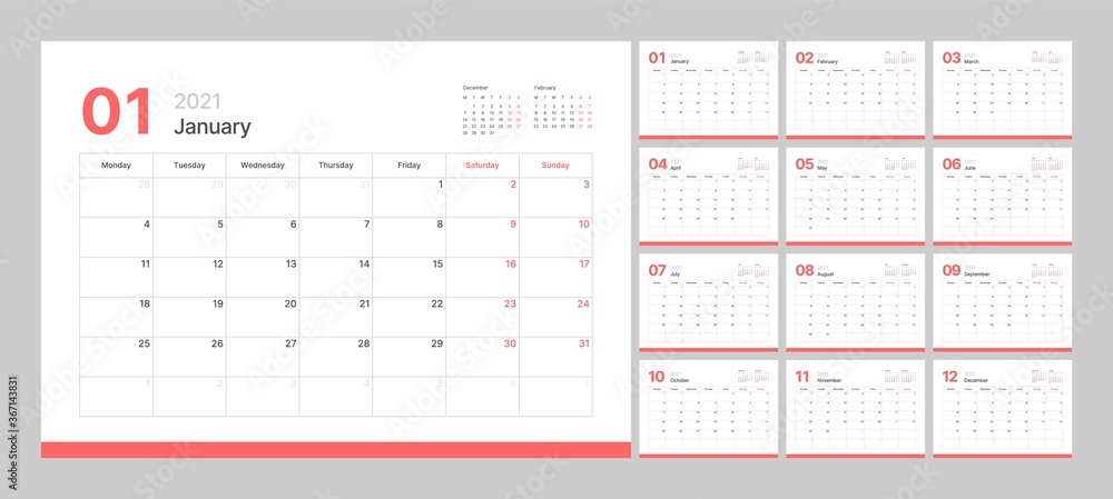 Wall calendar template for 2021 year. Planner diary in a minimalist style. Week Starts on Monday. Set of 12 Months. Ready for print. Wall calendar template for 2021 year. Planner diary in a minimalist style. Week Starts on Monday. Set of 12 Months. Ready for print.