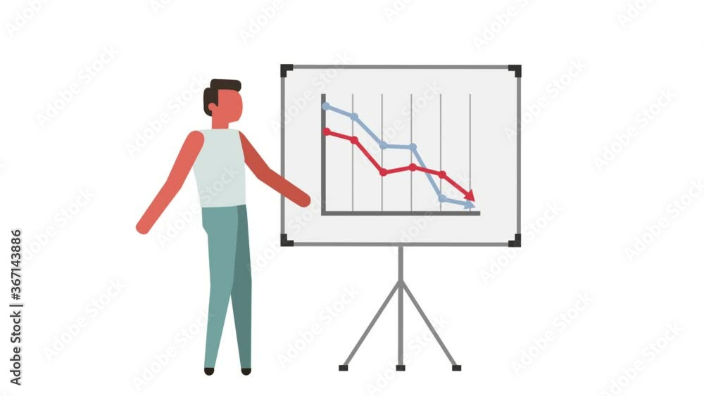 Stick Figure Color Pictogram Man Character Speak with Falling Indicators on Graph Board Cartoon Animation Stick Figure Color Pictogram Man Character Speak with Falling Indicators on Graph Board Cartoon Animation
