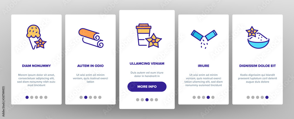 Vanilla Flower Spice Onboarding Mobile App Page Screen Vector. Vanilla Stick Spicy Ingredient For Ice Cream And Coffee, Donut And Drink, Bottle And Bag Illustrations
