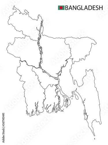 Bangladesh map, black and white detailed outline regions of the country.