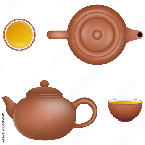 set of isolated chinese teapots and cups of tea