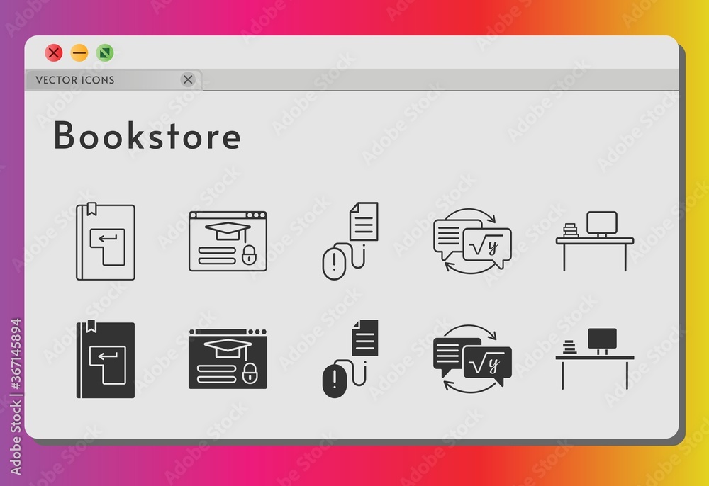 bookstore icon set. included desktop, homework, enter, login, click icons on white background. linear, filled styles.