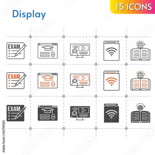 display icon set. included exam, audiobook, instructor, learning, login icons on white background. linear, bicolor, filled styles.