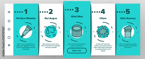 Slime Mucus Liquid Onboarding Mobile App Page Screen Vector. Slime In Bottle And Container, Tube And Package, Dripping And Splash, Slimy Blob Illustrations