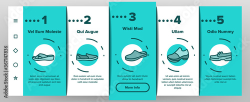 Shoes Footwear Shop Onboarding Mobile App Page Screen Vector. Different Shoes Sneaker And Moccasin, Slippers And Boots, Toe And Loafer Illustrations