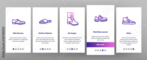 Shoes Footwear Shop Onboarding Mobile App Page Screen Vector. Different Shoes Sneaker And Moccasin, Slippers And Boots, Toe And Loafer Illustrations