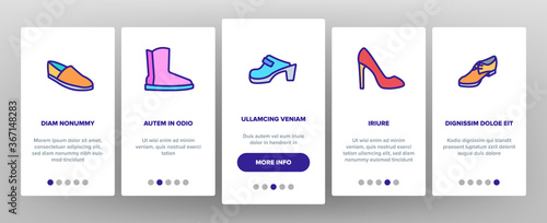 Shoes Footwear Shop Onboarding Mobile App Page Screen Vector. Different Shoes Sneaker And Moccasin, Slippers And Boots, Toe And Loafer Illustrations