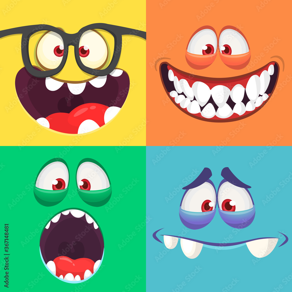 Cartoon monster faces set. Vector collection of four Halloween monster avatars with different face expressions. Isolated Cartoon monster faces set. Vector collection of four Halloween monster avatars with different face expressions. Isolated