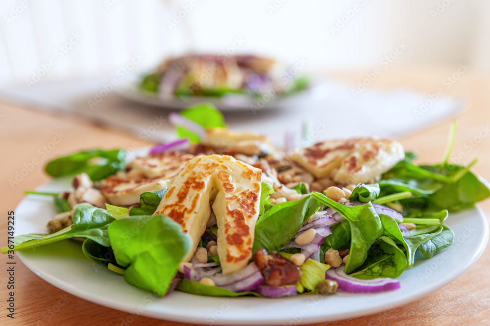 Fresh and healthy vegetable salad with chunks of grilled halloumi goat cheese on top. Fresh and healthy vegetable salad with chunks of grilled halloumi goat cheese on top.