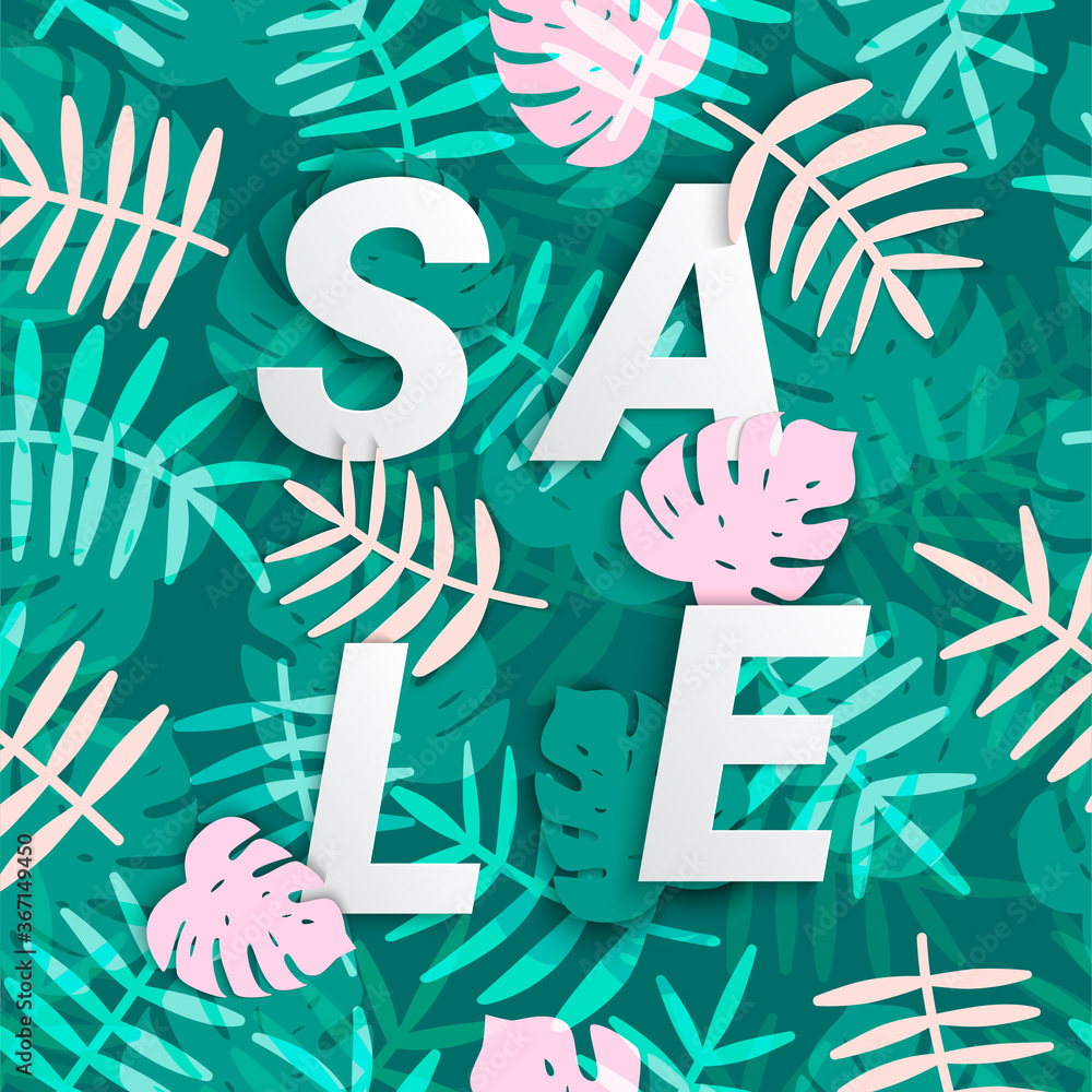 Vector summer sale banner with exotic tropical leaves. Paper cut template design background. Vector summer sale banner with exotic tropical leaves. Paper cut template design background.