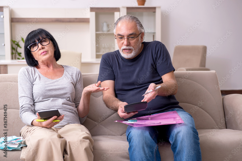 Old couple discussing family finances Old couple discussing family finances
