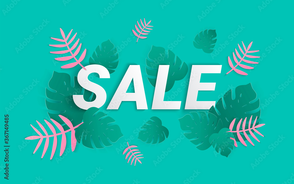 Vector sale banner with tropical leaves. Paper cut template design. Summer exotic background.