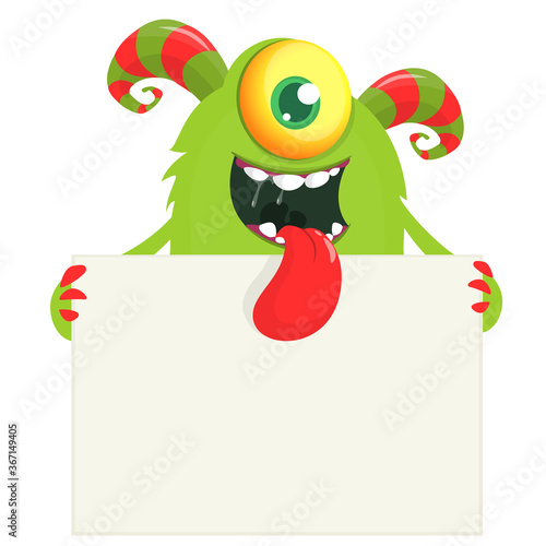 Catoon monster holding blank sign with sample message on it. Vector illustration isolated