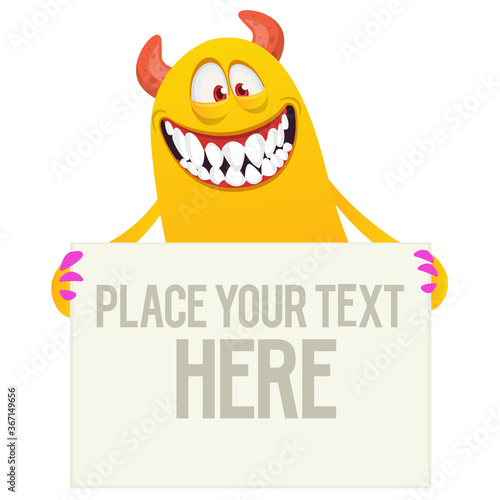 Catoon monster holding blank sign with sample message on it. Vector illustration isolated