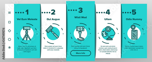 Selfie Photo Camera Onboarding Mobile App Page Screen Vector. Selfie Stick And Tripod, Lens And Light Equipment, Remote Control Accessory For Photograph Illustrations