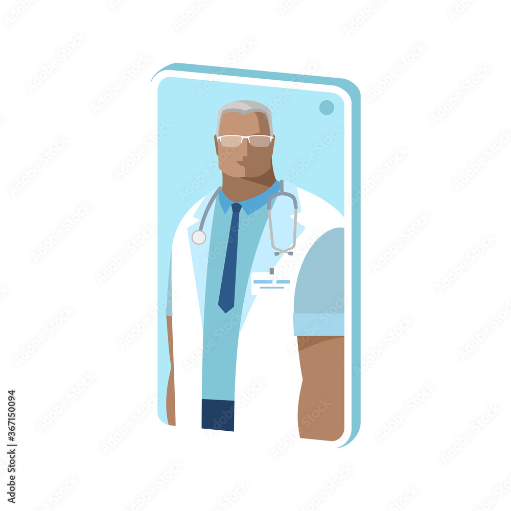 Doctor online concept. The doctor checks the health through the phone screen. Online medical clinic communication with the patient. Vector isometric illustration