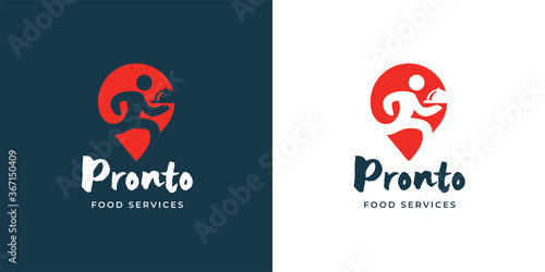 Local food delivery logo template design. Man running with meal dish icon. Restaurant deliver emblem. Catering company services sign. Vector illustration.