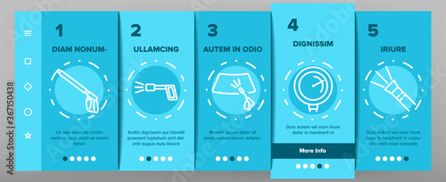 Pressure Washer Tool Onboarding Mobile App Page Screen Vector. Pressure Washer Equipment For Wash Car Wheel And Glass, Brush And Sprayer Illustrations