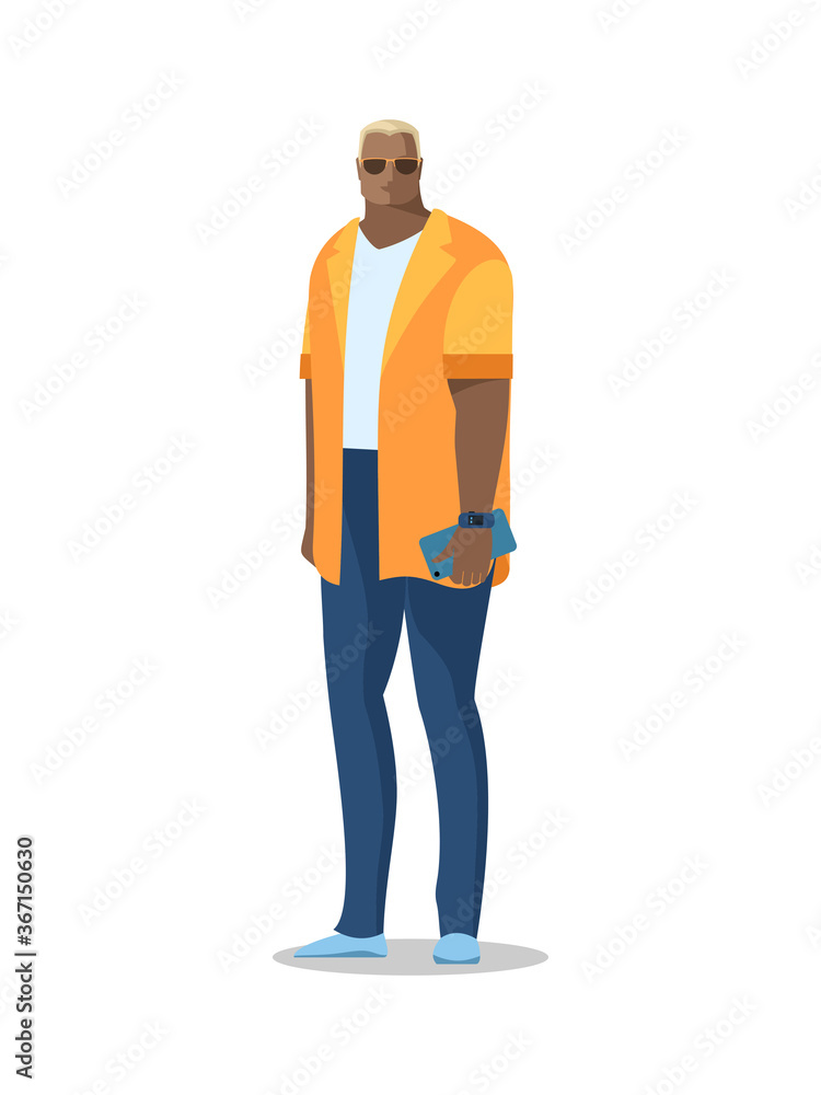 A full-length man in jeans, a shirt, and dark glasses. Vector image, avatar. Color isolated illustration, flat style
