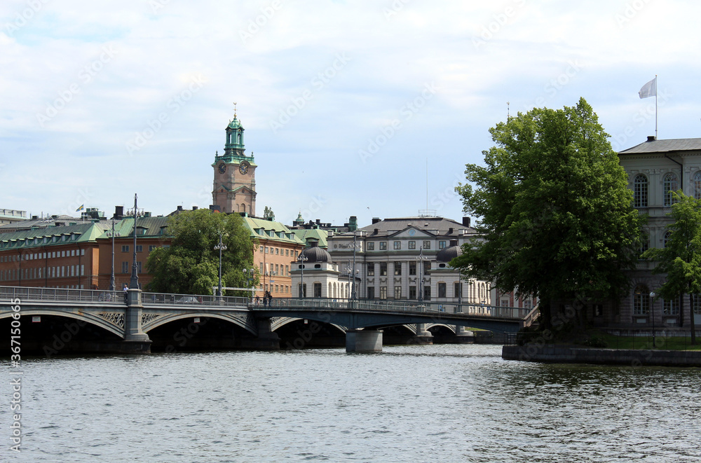 View of the St. Nicholas Church in Stockholm, Sweden. Old town clock tower.