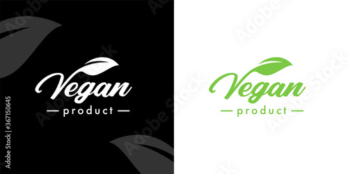 Modern Vegan friendly food product logo template with leaf icon text design. Green plant based diet symbol. Vector illustration.