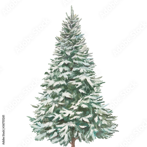 Watercolor Christmas tree. Holiday card with snow covered tree isolated on white background.